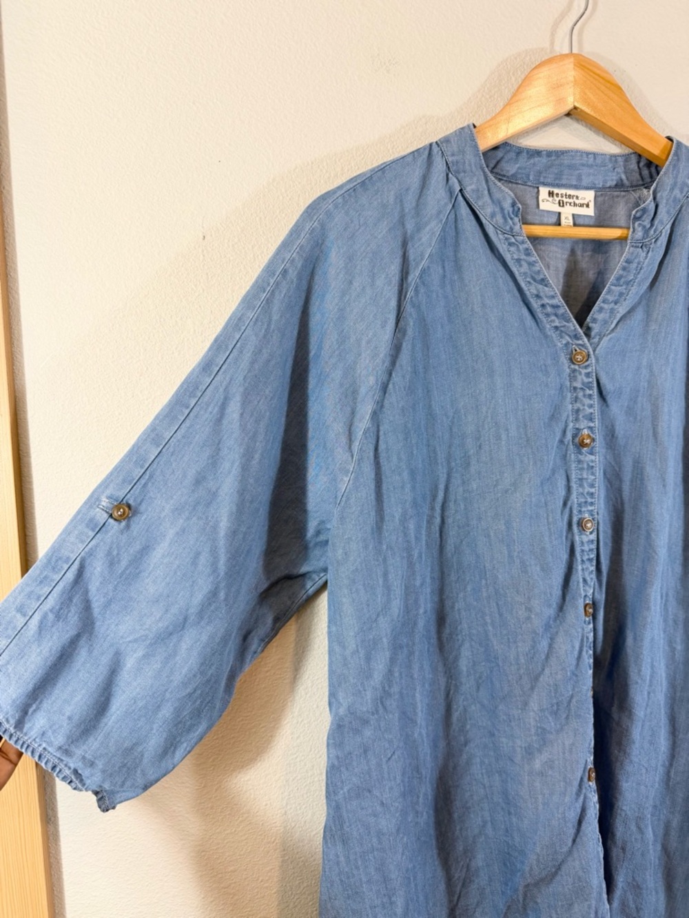 Hester & Orchard Denim Chambray Tunic XL Fringe Hem Asymmetrical Roll Tab Sleeve - Picture 3 of 8